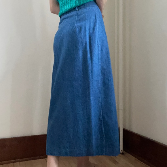 Vintage High Waisted Long Denim Skirt with Side Button Band - Picture 3 of 14